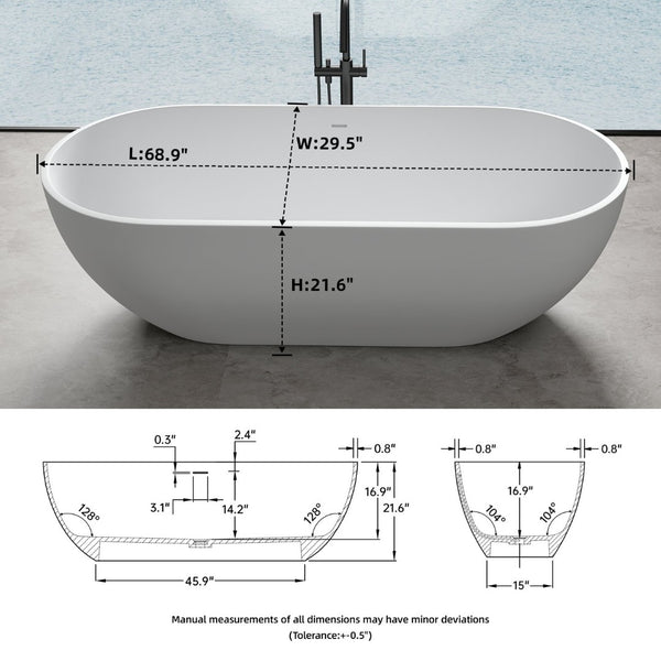 English Elm 69 Inch Freestanding Soaking Tub Eco Stone Resin Matte Spa Bath for Primary Suites T3785P353963