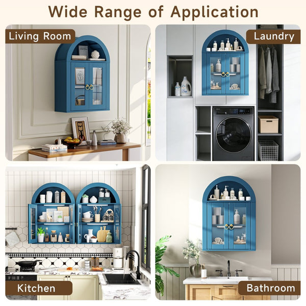 English Elm Wall Mounted Arched Cabinet Tempered Glass Doors Led Lighting Adjustable Shelves Bathroom Turquoise T3210P471552