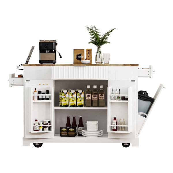 English Elm K&k Rolling Kitchen Island Rubber Wood Top Fluted Cabinet Built-in Charging Station White N707S221571W