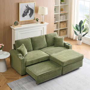 English Elm 80" Corduroy Multi-Function Sofa with Hidden Recliner, Space-Saving Design, Armrests, Cup Holders, Removable Footstool Green W3356S00019