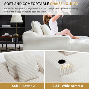 English Elm 67" Corduroy Oversized Chaise Sleeper Sofa Deep Seat Boneless Lounge with Cup Holder Pillows White W1803P409263