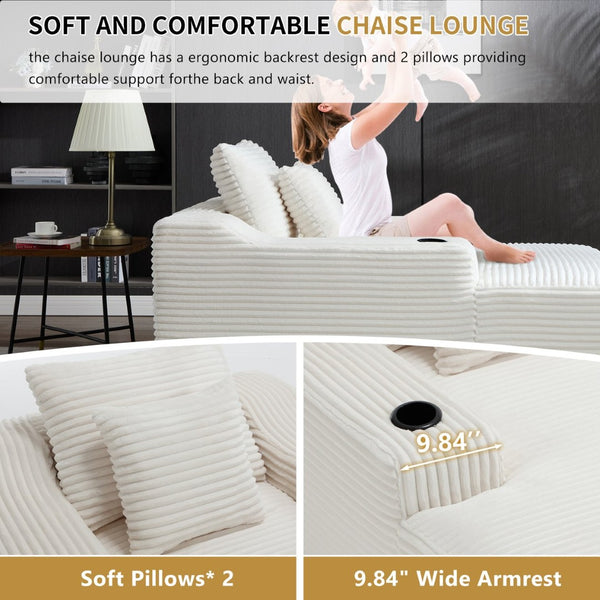 English Elm 67" Corduroy Oversized Chaise Sleeper Sofa Deep Seat Boneless Lounge with Cup Holder Pillows White W1803P409263