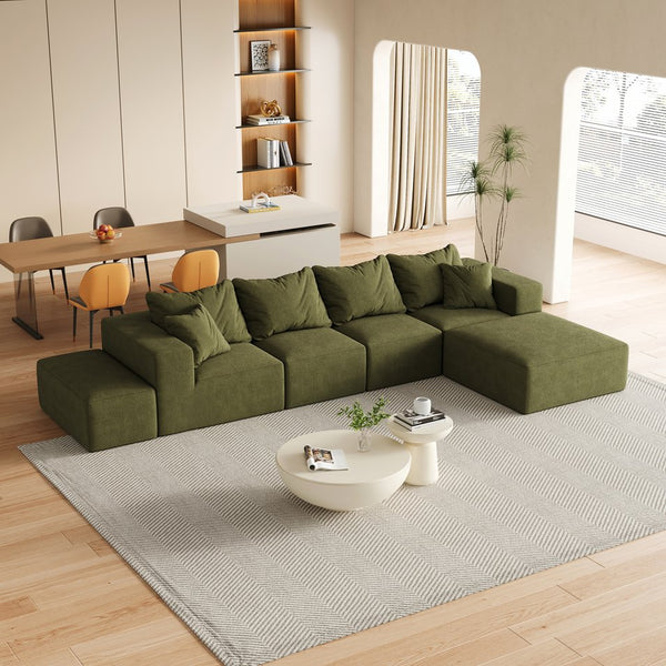 English Elm Modern Upholstered Sectional Sofa Set Modular 132" L-Shape Chenille Couch with 6 Pillows, No-Assembly Comfort and FlexibilityReadable? Green W834S00501