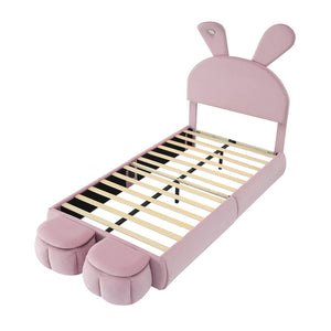 English Elm Twin Upholstered Platform Bed with Cute Cartoon Ears Headboard, LED Light, Adjustable Height, Pink WF321677AAH
