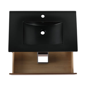 English Elm 30" Wall-Mounted Bathroom Vanity With Black Ceramic Sink & Soft-Close Drawers For Modern Spaces W999S00195