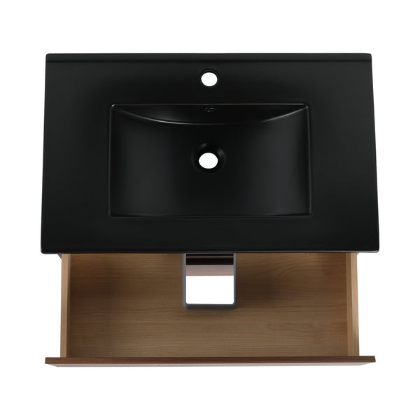 English Elm 30" Wall-Mounted Bathroom Vanity With Black Ceramic Sink & Soft-Close Drawers For Modern Spaces W999S00195