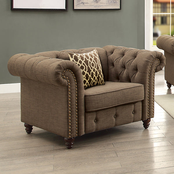 English Elm Brown Tufted Accent Chair with Pillow and Box Seat Design, Button-Tufted Arms, Pocket Coil Comfort B062P209145