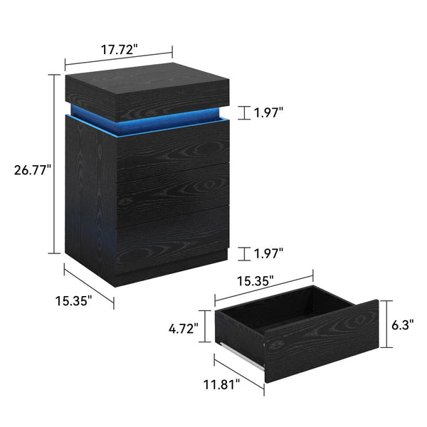 English Elm Nightstand with Rgb Led Lighting and Charging Hub Three Drawer Sleek Modern Bedside Black W5221P421223