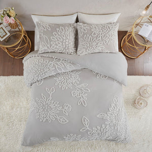 English Elm King/Cal Tufted Veronica 3-Piece Cotton Chenille Floral Duvet Cover Set - Shabby Chic Grey, Button Closure B035129183