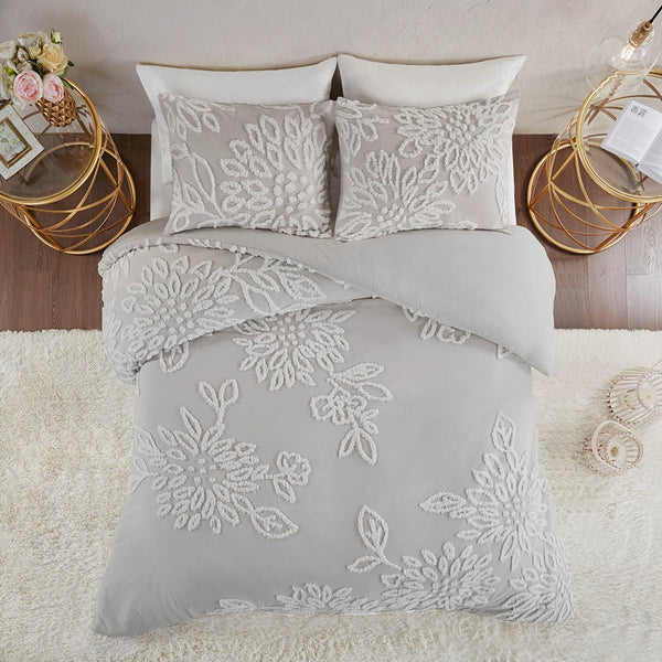 English Elm King/Cal Tufted Veronica 3-Piece Cotton Chenille Floral Duvet Cover Set - Shabby Chic Grey, Button Closure B035129183