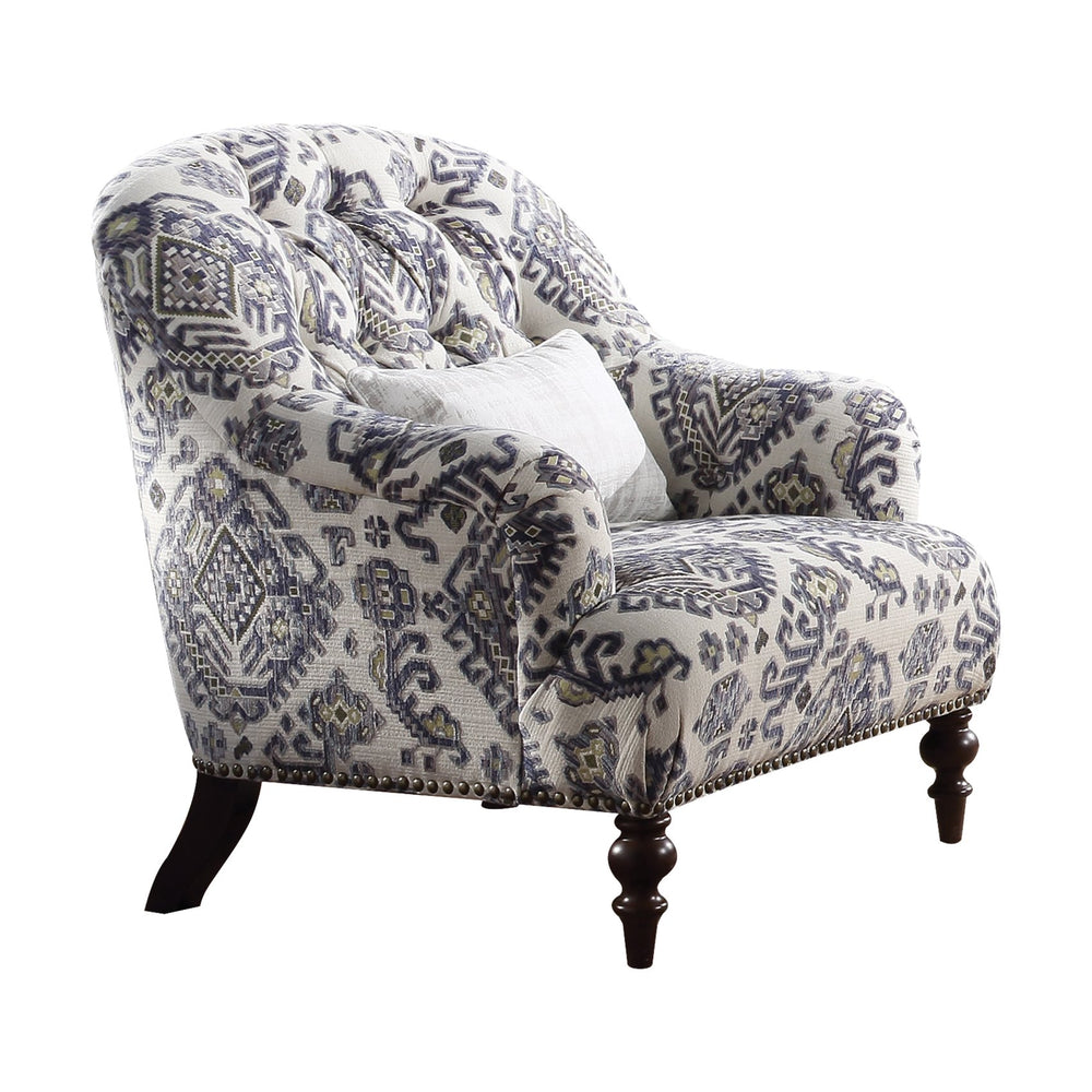 English Elm Saira Pattern Fabric Accent Chair with Pillow, Button Tufted Back, Nailhead Trim, Chocolate Legs B2726P402005
