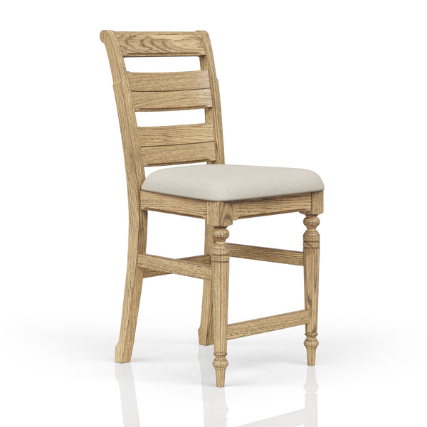 English Elm Ladder Solid Wood Counter Stool with Upholstered Seat, Ladder-Back Comfort and Turned Legs, Warm Finish Caramel 45 L x 21.5 W x 13 H B2699P355204