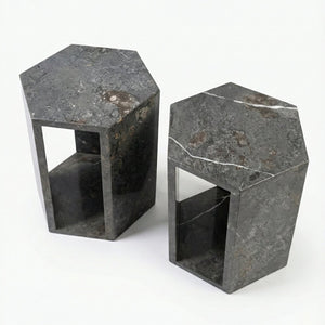 English Elm Genuine Solid Marble Hexagonal Pedestal End Table Polished Stone for Modern Living Dark Gray W1696P408001