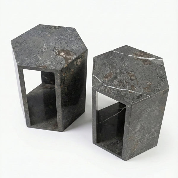 English Elm Genuine Solid Marble Hexagonal Pedestal End Table Polished Stone for Modern Living Dark Gray W1696P408001