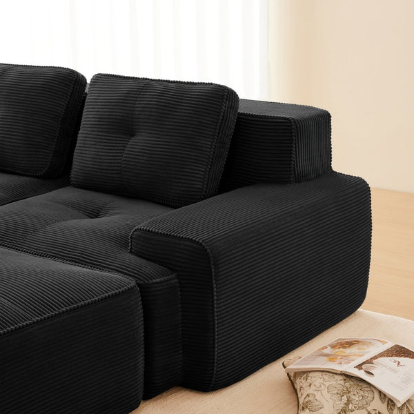 English Elm Modern Corduroy Sectional Sofa Deep Seat V Shape Tufted Couch with Movable Ottoman Black W714S01585