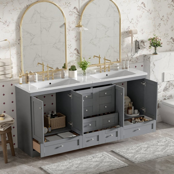 English Elm 72-inch Shaker Double Bathroom Vanity Gray Mdf with Resin Basins and Soft Close Storage N729P000029E