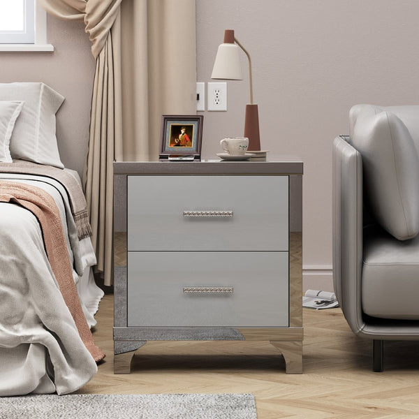English Elm High Gloss Mirrored 2 Drawer Nightstand Slim Metal Legs Modern Bedroom Side Table Grey W5271P416536