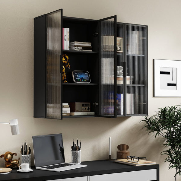 English Elm Wall Mounted Glass Door Cabinet Black Metal Frame Modern Storage for Bath or Kitchen W331P382347