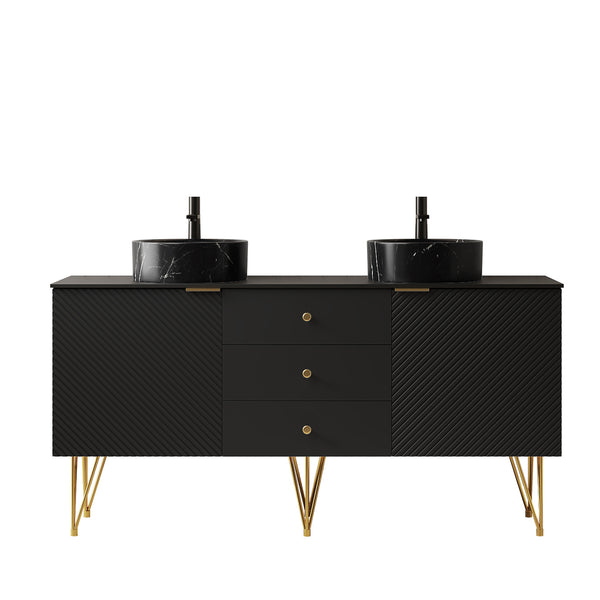 English Elm Gema 60" Freestanding Bathroom Vanity With Black Ceramic Basins, Gold Legs, Storage & Style W2615S00290