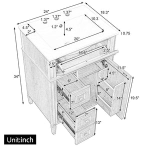 English Elm 24" Solid Pine Bathroom Vanity Cabinet with Ceramic Sink Soft Close Drawers N725P375500N