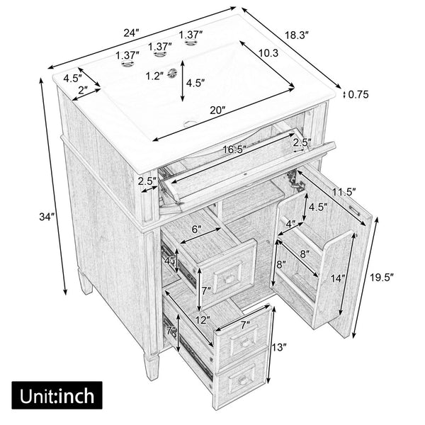 English Elm 24" Solid Pine Bathroom Vanity Cabinet with Ceramic Sink Soft Close Drawers N725P375500N