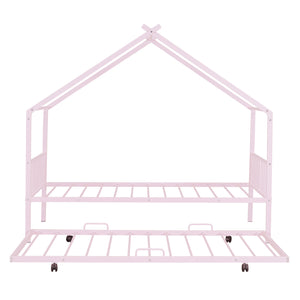 English Elm Twin House Metal Platform Bed with Trundle for Kids — Sturdy 350lb Capacity, Playful Loft Frame Design Pink MF323494AAH