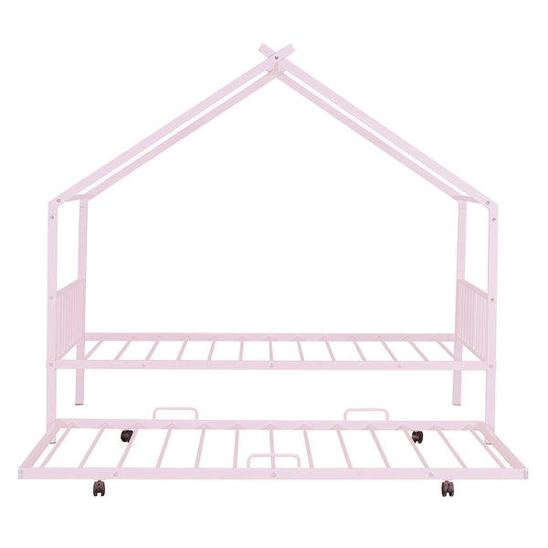 English Elm Twin House Metal Platform Bed with Trundle for Kids — Sturdy 350lb Capacity, Playful Loft Frame Design Pink MF323494AAH