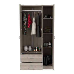 English Elm Austral 3 Door Armoire with Two Drawers, Five Shelves and Hanging Rod — Smokey Oak Finish for Organized Rooms and Bedrooms Light Gray 39 L x 22 W x 3 H B200S00362