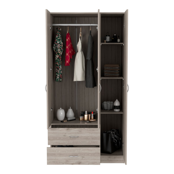 English Elm Austral 3 Door Armoire with Two Drawers, Five Shelves and Hanging Rod — Smokey Oak Finish for Organized Rooms and Bedrooms Light Gray 39 L x 22 W x 3 H B200S00362