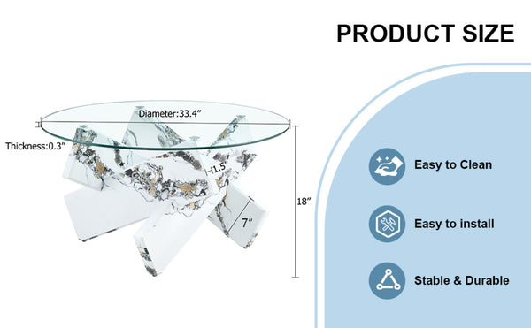 English Elm Round Tempered Glass Coffee Table with Sculptural Mdf Base for Modern Living Rooms White W1151P180316