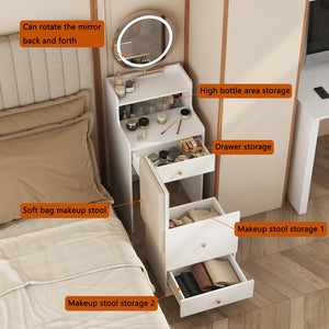 English Elm 3 3 in 1 Vanity Desk with Lighted Mirror, Charging Station, Upholstered Stool, 2 Drawers & Hidden Storage W1321P243134