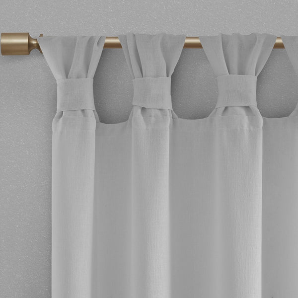 English Elm Floral Tab-Top Curtain Panel In Soft Grey - Semi-Sheer Faux Linen With Decorative Rosette Pins B03598200