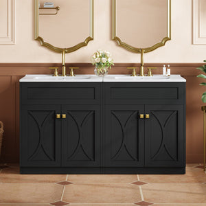 English Elm 60'' Bathroom Vanity Set With Ceramic Sink, Black Freestanding Cabinet, Gold Handles & Soft-Close Doors N710SS00005B