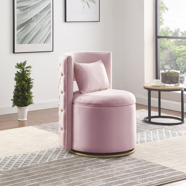 English Elm 360° Velvet Swivel Accent Chair with Hidden Storage, Gold Metal Base, Curved Modern Pink Seat W1420P372917