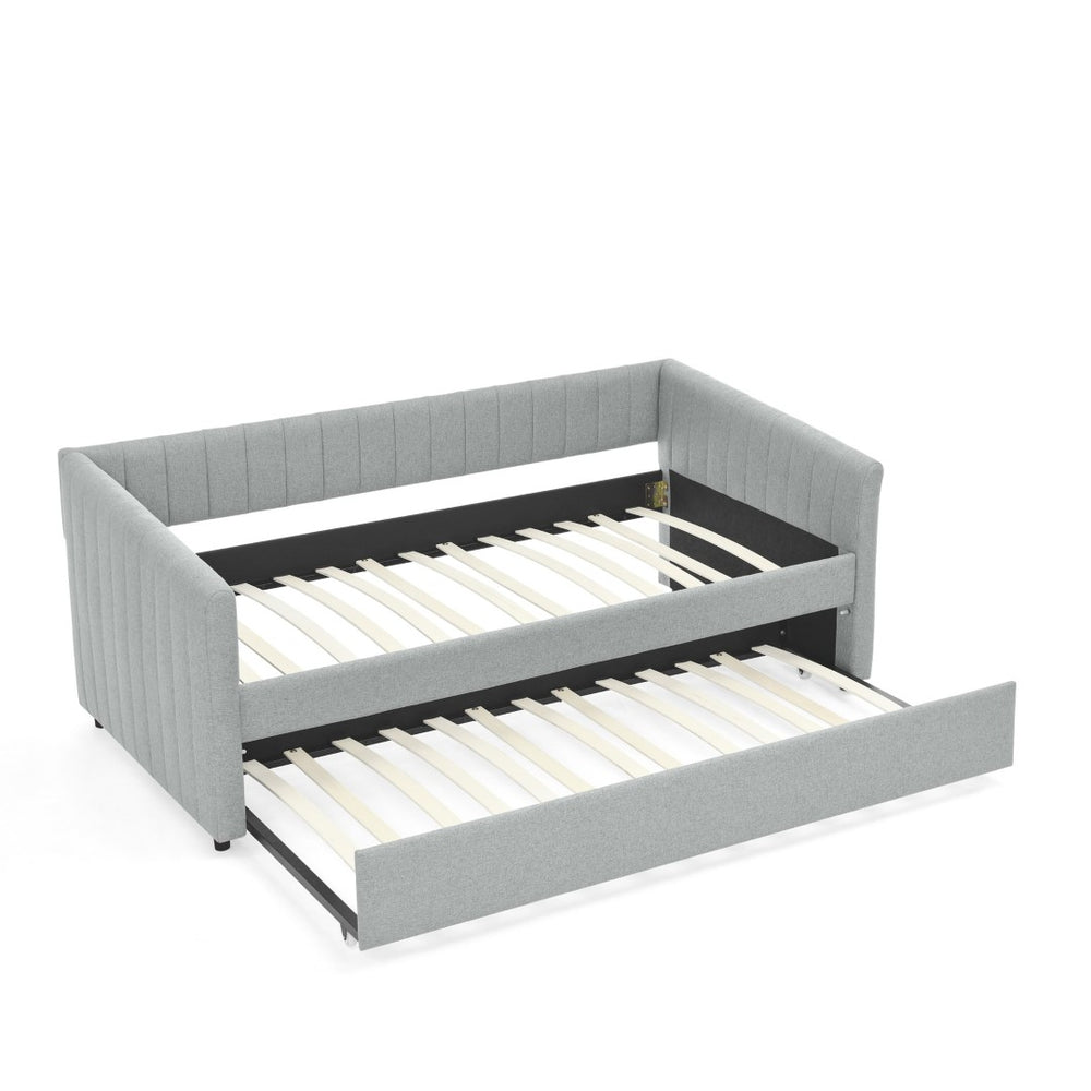 English Elm Twin Size Daybed With Trundle - Stylish Grey Linen Upholstered Sofa Bed With Vertical Stripes W1413S00089-GIGA