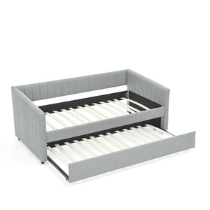 English Elm Twin Size Daybed With Trundle - Stylish Grey Linen Upholstered Sofa Bed With Vertical Stripes W1413S00089-GIGA