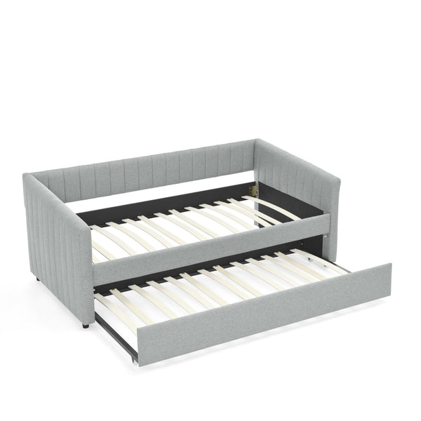 English Elm Twin Size Daybed With Trundle - Stylish Grey Linen Upholstered Sofa Bed With Vertical Stripes W1413S00089-GIGA