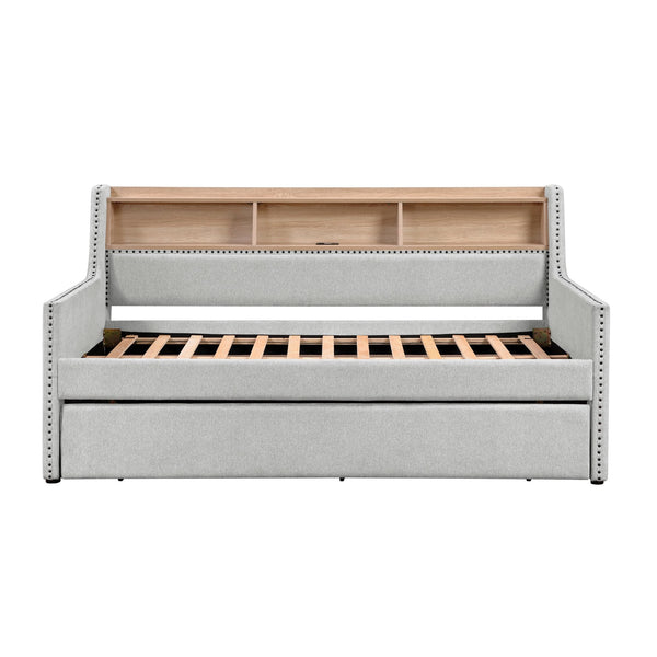 English Elm 1pc Light Gray Daybed with Pull-Out Trundle, Built-In Bookcase & Charging Ports, Nailhead Trim Modern Design B011S01718