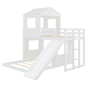 English Elm Wooden Twin Over Full Bunk Bed Farmhouse Playhouse Slide Pinewood Kids Loft White LT000328AAK