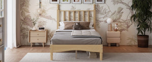 English Elm Twin Rubberwood Platform Bed Gourd Headboard Retro Bohemian Bedroom Slat Base Natural N733P427029M