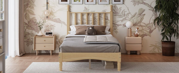 English Elm Twin Rubberwood Platform Bed Gourd Headboard Retro Bohemian Bedroom Slat Base Natural N733P427029M