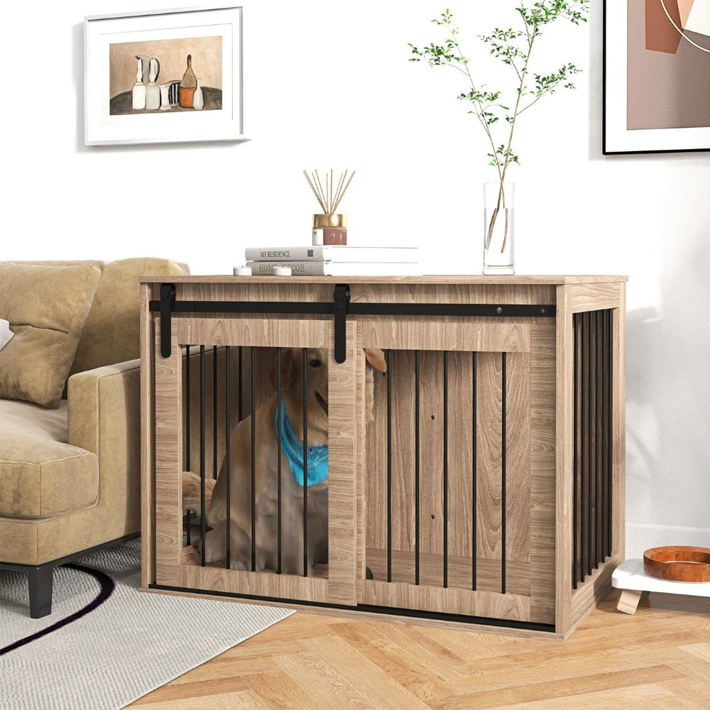 English Elm Pawhut Furniture Style Dog Kennel End Table with Walnut Finish for Large Breeds W2225P173786