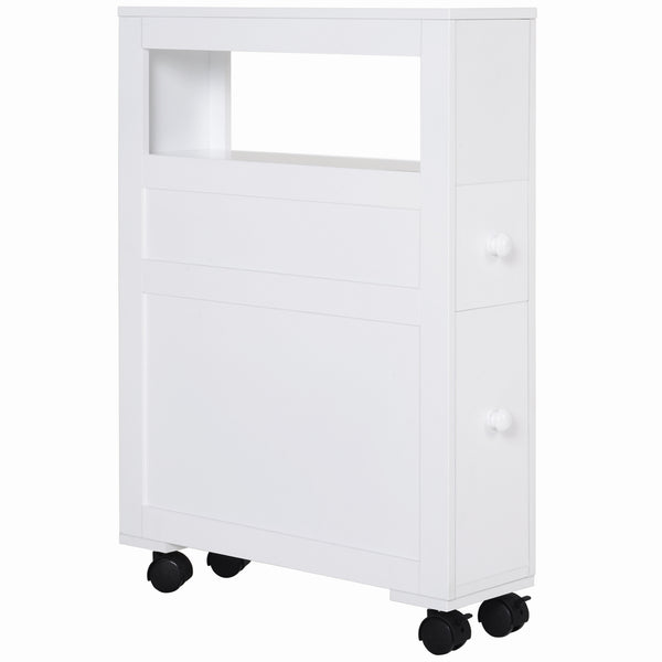 English Elm HOMCOM Slim Rolling Bathroom Cabinet with Shelf & 2 Drawers, Locking Wheels, MDF 6.25"x20.5"x28.25" W2225P216996