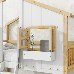 English Elm Twin House Bunk Bed with Roof, Window Box, Door, Guardrails & Ladder—Sturdy Pine Playful Design for Kids Natural+White W504S00147