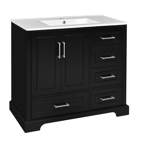 English Elm 36" Traditional Bathroom Vanity with Ceramic Sink, Solid Wood Cabinet, Soft-Close Doors & Drawers Black N729P251630B