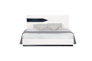 English Elm VIOS ZEBRA WHITE KING BED with Zebrano Accent, Low-Profile Contemporary Solid Wood Frame, Gloss Finish White+Black 84.45 L x 4.92 W x 47.83 H B201S00034