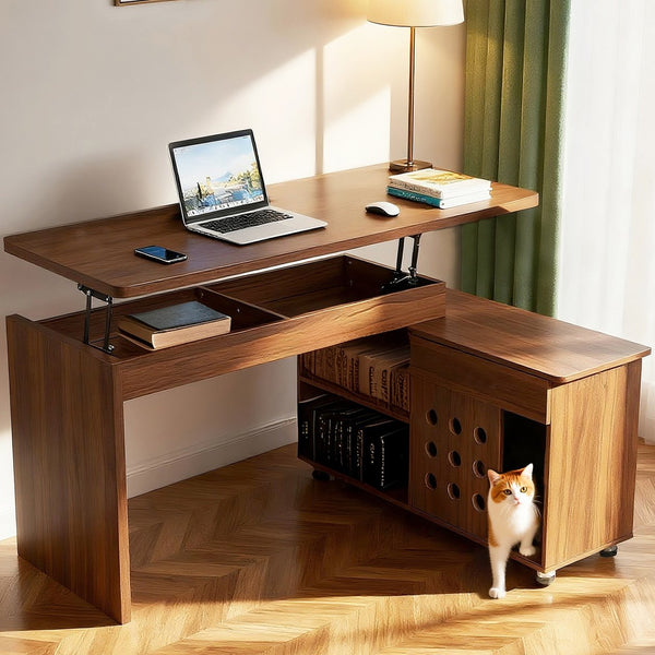 English Elm 55.1''L, Walnut Adjustable L-Shaped Executive Desk with Sliding Door Cabinet, Drawer & Storage Space N843P293669W