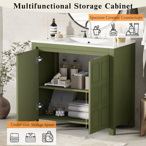 English Elm 36" Bathroom Vanity Organizer with Ceramic Sink, Solid Wood Distressed Finish, Hand-Painted Charm and Ample Storage Olive Green N729P255666F