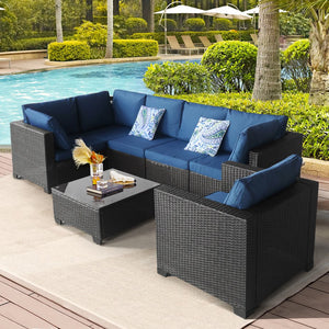 English Elm 7 Pieces Outdoor Sectional Set - Dark Blue PE Rattan Patio Sofa with Glass Table, Cushions, Modular Plan W813S00005