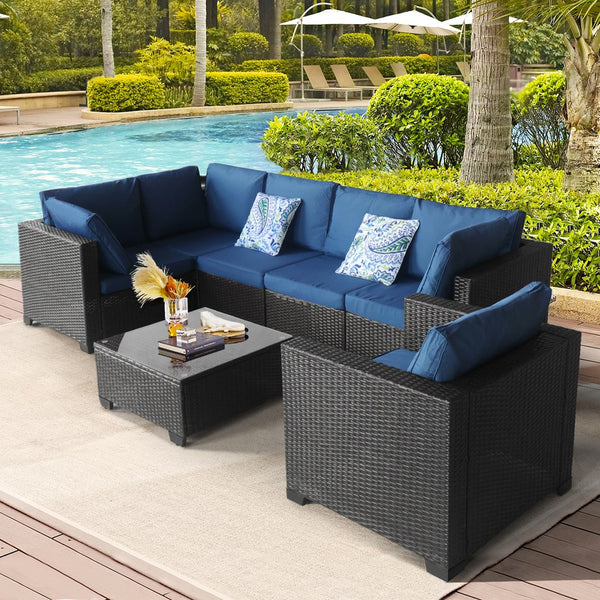 English Elm 7 Pieces Outdoor Sectional Set - Dark Blue PE Rattan Patio Sofa with Glass Table, Cushions, Modular Plan W813S00005